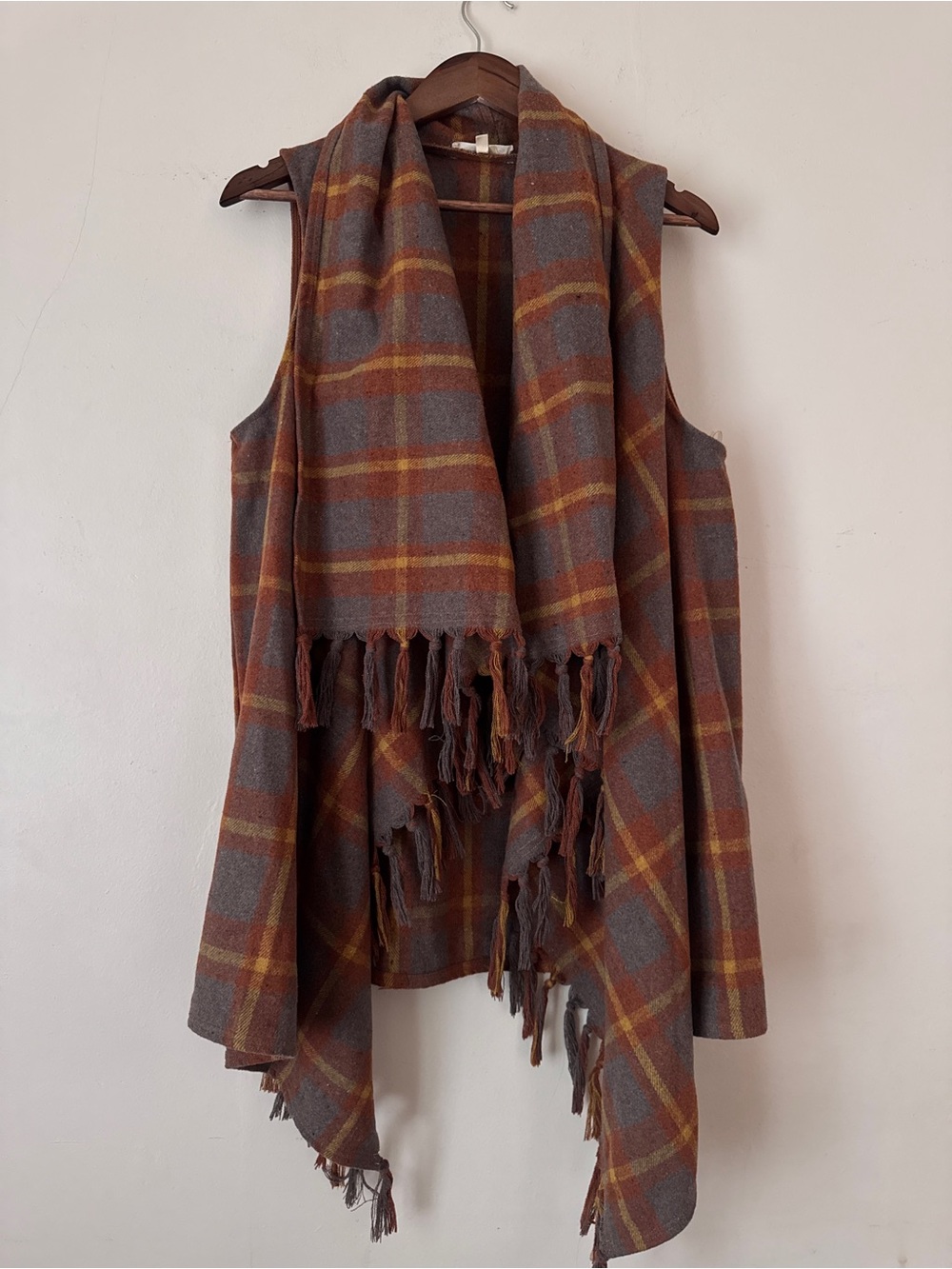 Entro Plaid Fringe Draped Vest in Rust and Gray - Size L